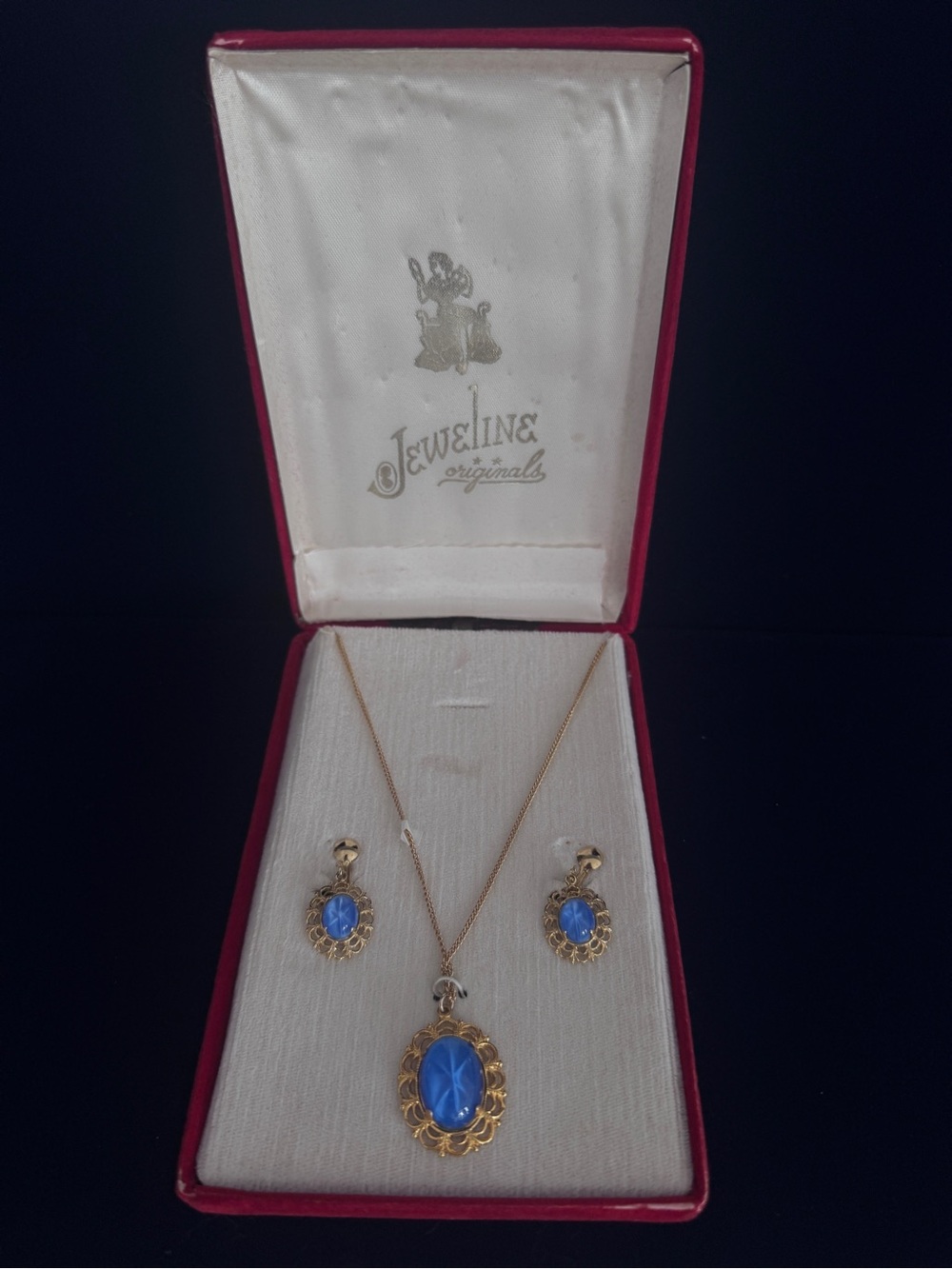 Vintage Gold Filigree Necklace and Earring Set with Bright Blue Cabochons - Picture 2 of 6